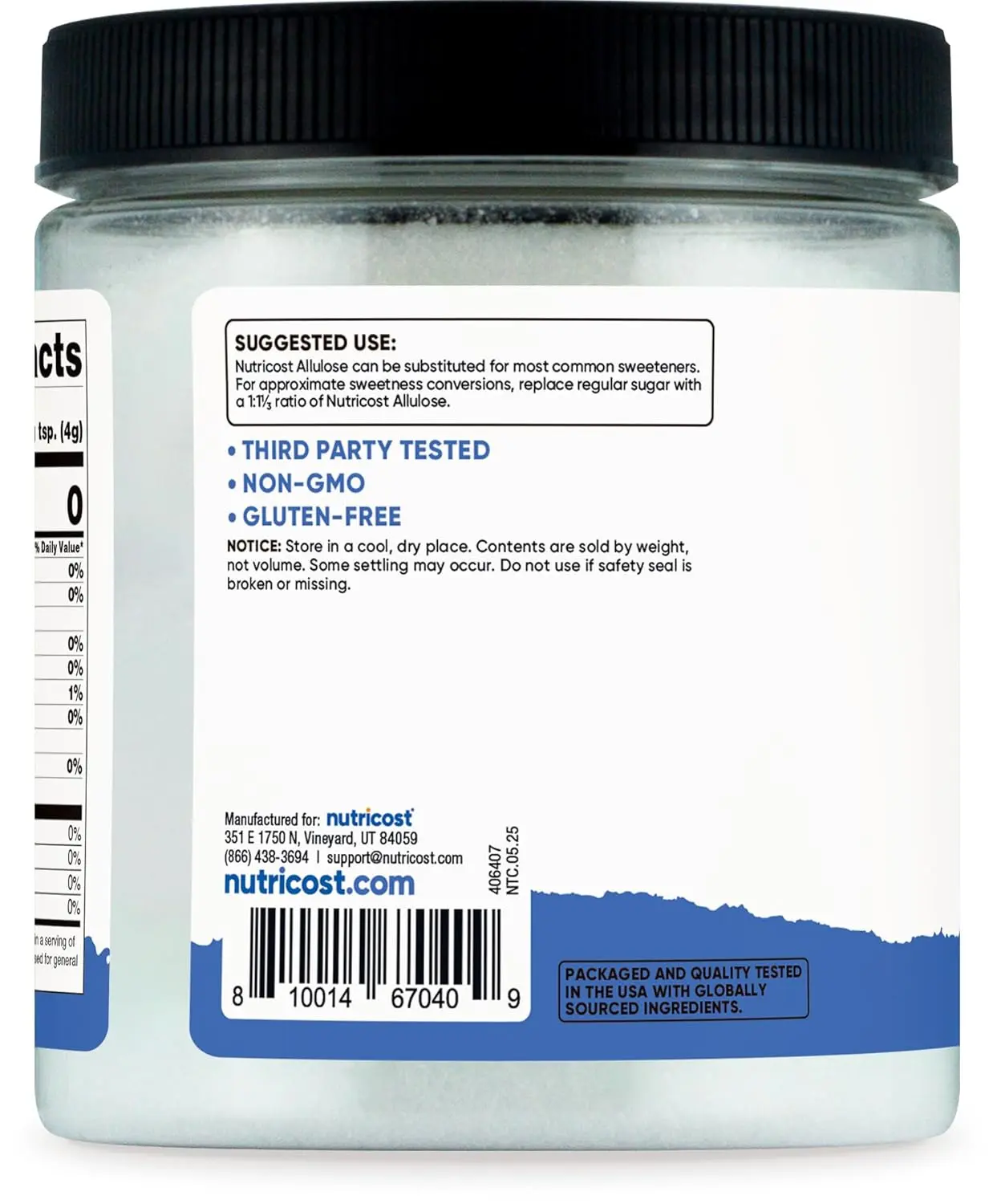 One pound bottle of Nutricost Allulose, a natural, zero calorie, keto-friendly sweetener in crystalline powder form, perfect for low carb diets and replacing regular sugar.