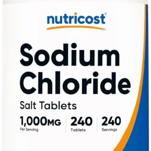 Bottle of 240 Nutricost sodium chloride 1000mg salt tablets, a non-GMO and gluten-free supplement with 390mg of sodium per tablet, manufactured in a GMP compliant facility.