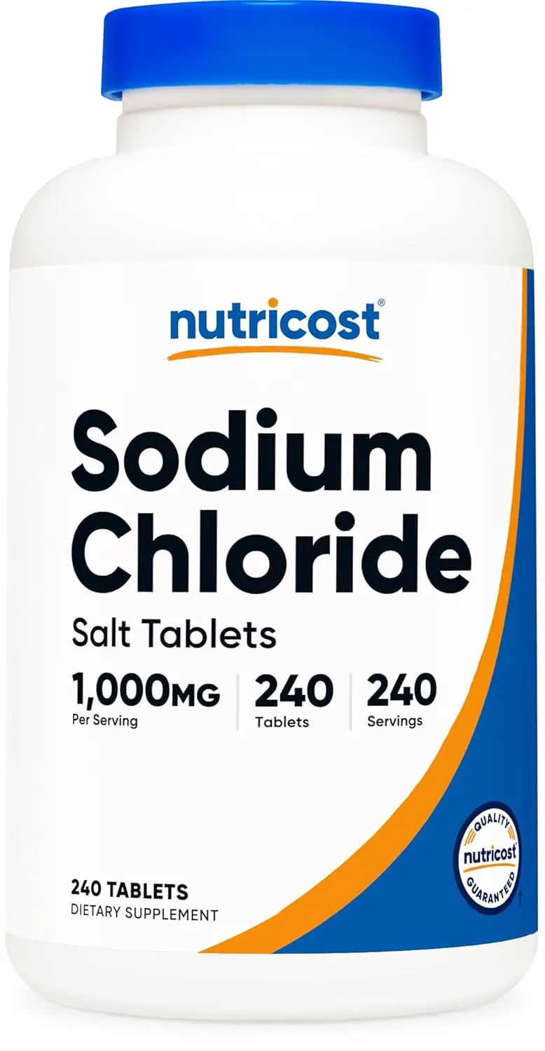 Bottle of 240 Nutricost sodium chloride 1000mg salt tablets, a non-GMO and gluten-free supplement with 390mg of sodium per tablet, manufactured in a GMP compliant facility.