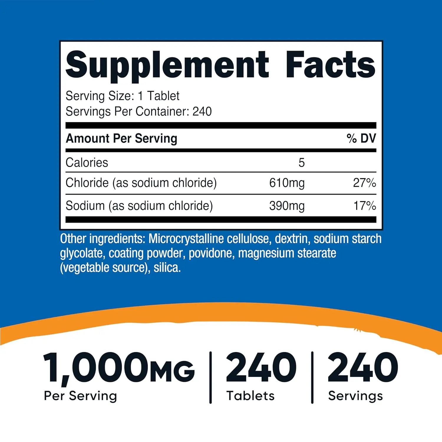 Bottle of 240 Nutricost sodium chloride 1000mg salt tablets, a non-GMO and gluten-free supplement with 390mg of sodium per tablet, manufactured in a GMP compliant facility.