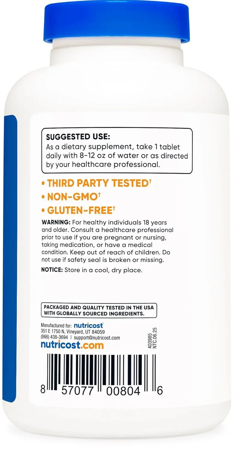 Bottle of 240 Nutricost sodium chloride 1000mg salt tablets, a non-GMO and gluten-free supplement with 390mg of sodium per tablet, manufactured in a GMP compliant facility.