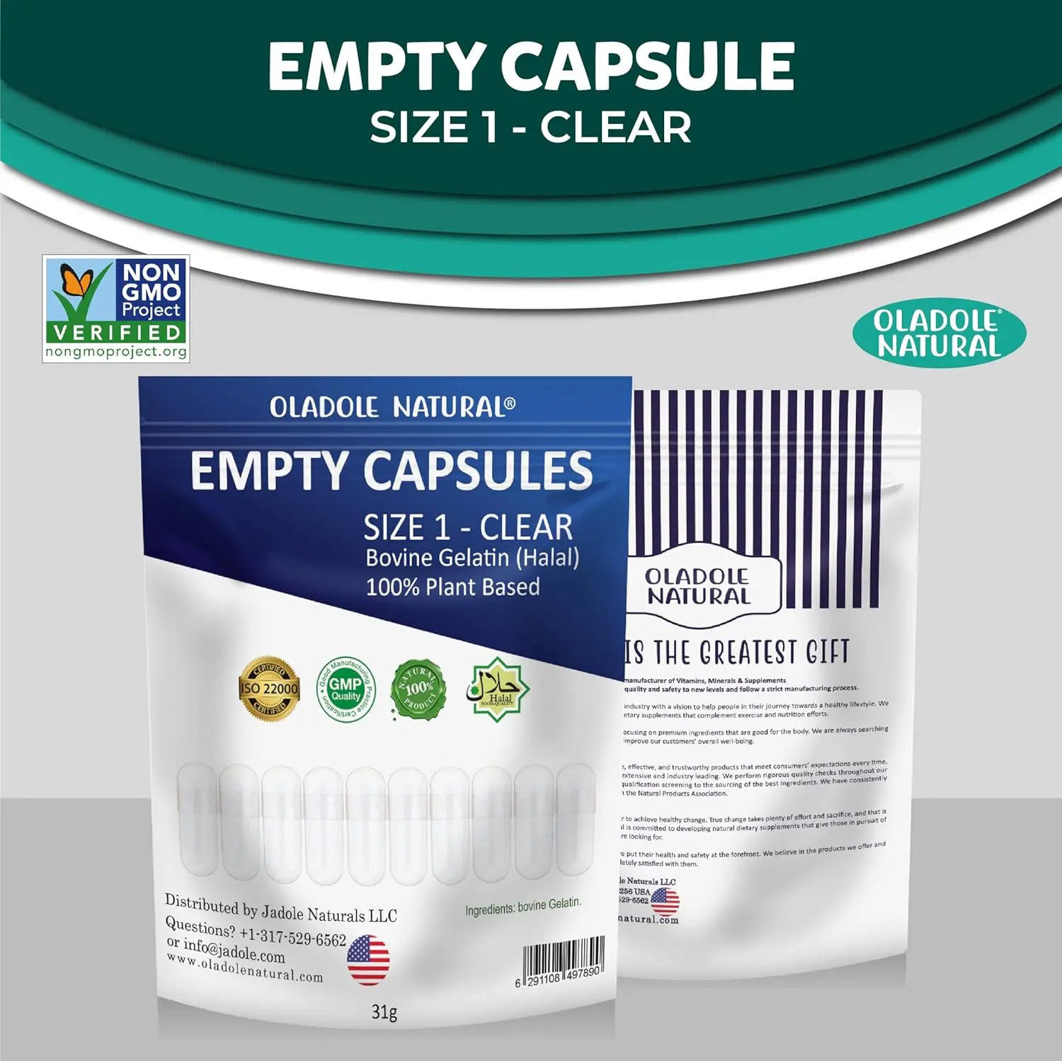 Oladole Natural Size 1 empty capsules are easy to fill, dissolve quickly, and are perfect for creating your own supplement blends with powder.