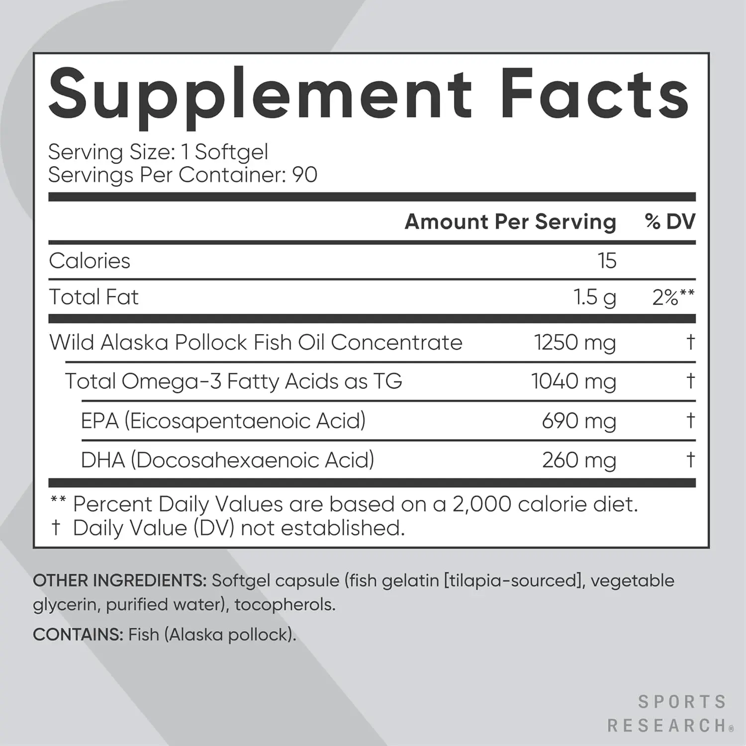 Sports Research Omega 3 fish oil supplement with EPA and DHA from wild Alaskan Pollock promotes heart, brain, and immune support for both men and women.