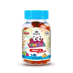 Sunshine Nutrition Omega 3 gummies for kids with DHA and EPA, pectin-based, gelatin-free and with natural lemon and berry flavors.