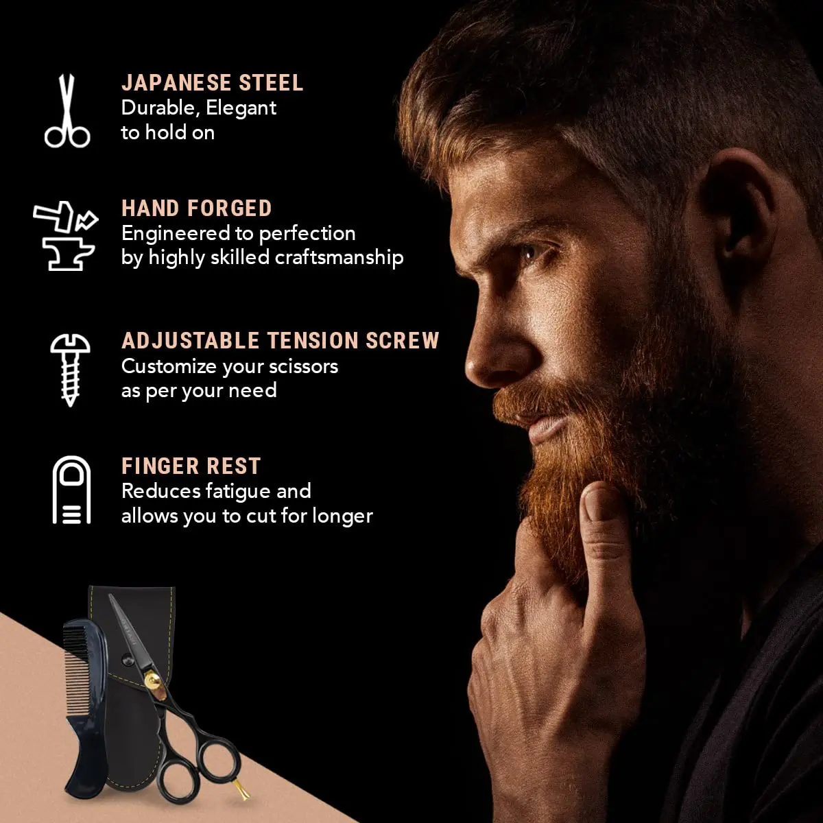 Hand-forged Ontaki beard scissors made of Japanese steel provide precise and comfortable grooming for beards, mustaches, hair, and pets.