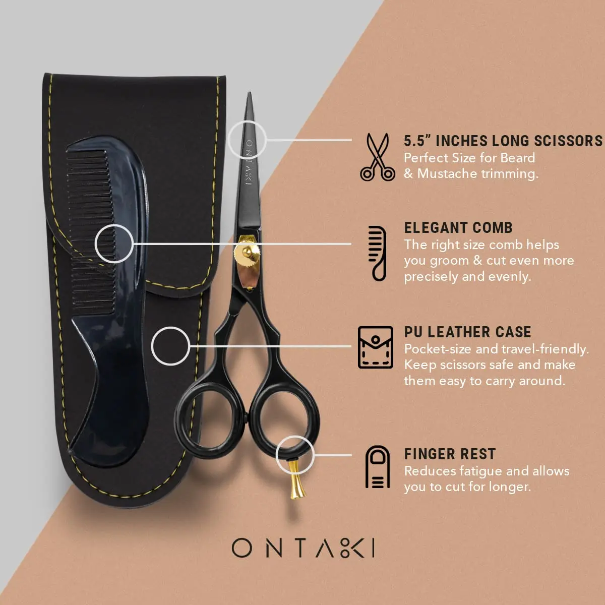Hand-forged Ontaki beard scissors made of Japanese steel provide precise and comfortable grooming for beards, mustaches, hair, and pets.
