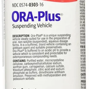 A 16 Oz bottle of mint-flavored Ora-Plus oral suspending vehicle, designed for preparing aqueous oral suspensions.