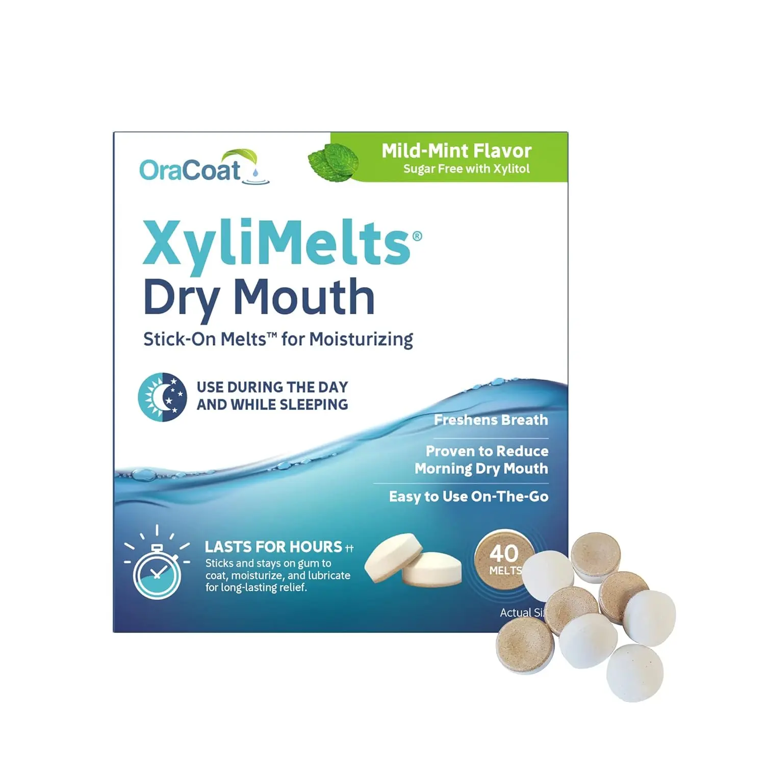 A package of Oracoat Xylimelts containing 40 dissolving discs, a skin treatment mask for dry mouth relief.