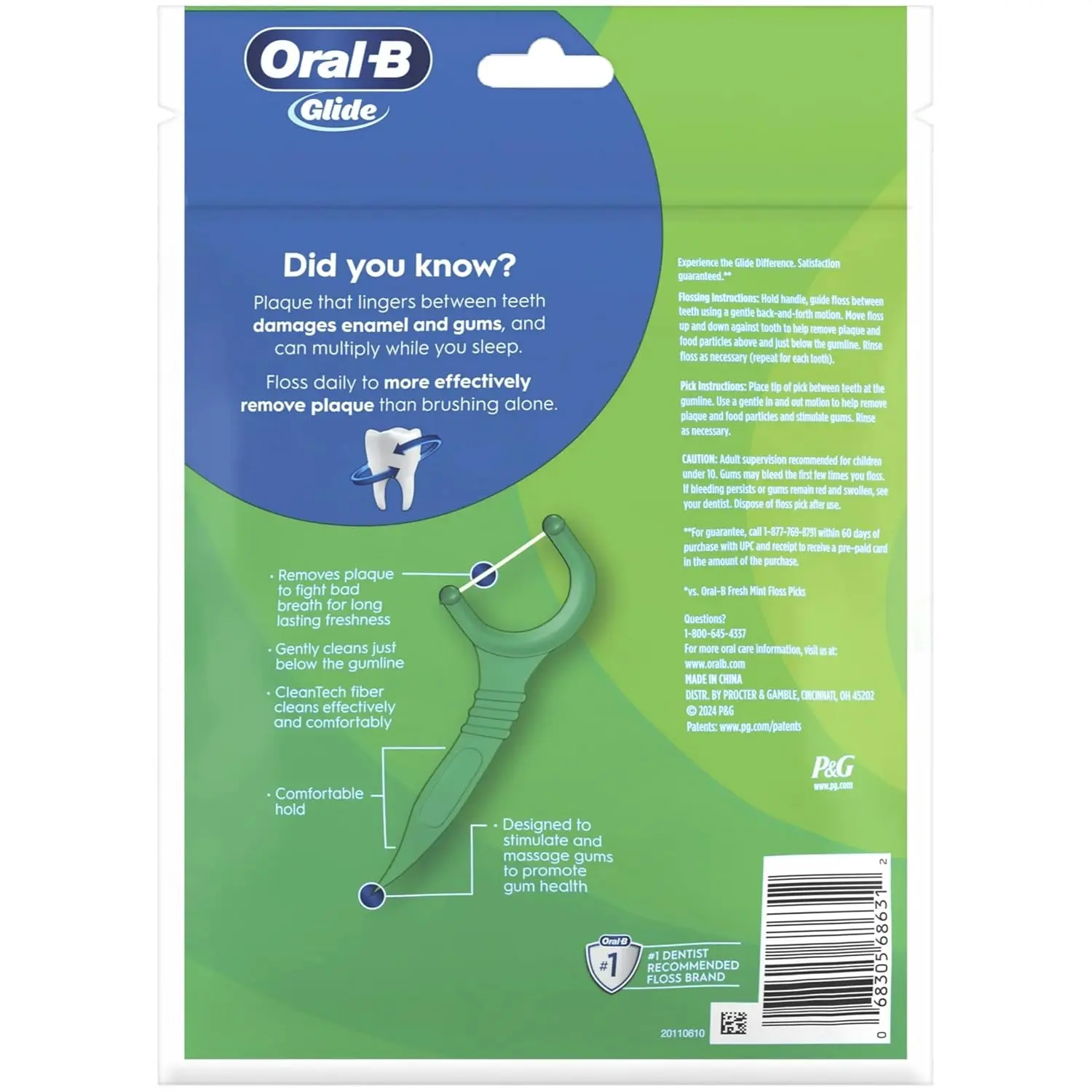 Oral-B Glide Complete floss picks with Scope Outlast flavor for easy, effective cleaning between teeth and below the gumline.