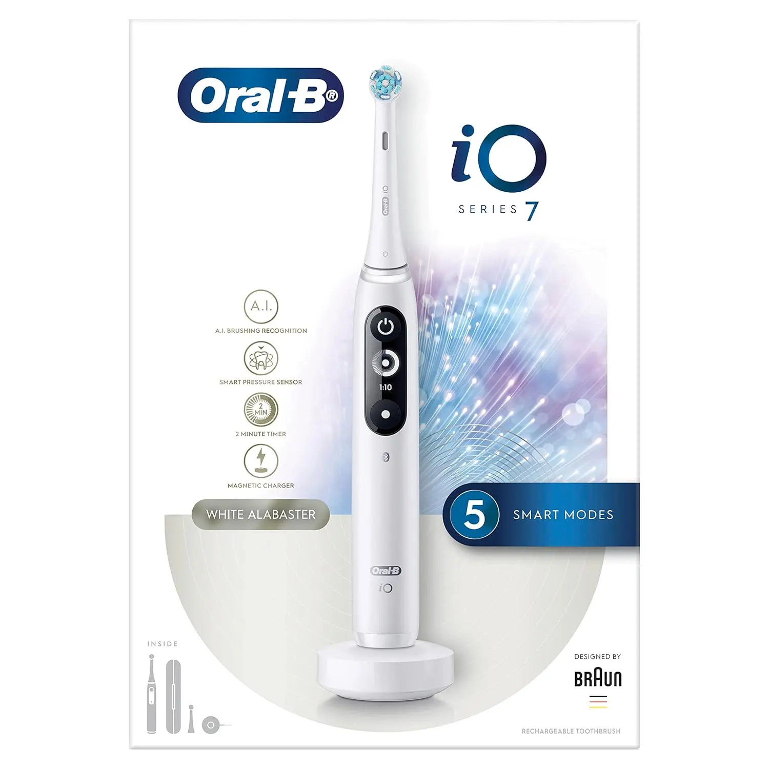 The Oral-B iO7 electric toothbrush features revolutionary magnetic technology, a black and white display with brushing mode options, and comes with a premium travel case for on-the-go oral care.