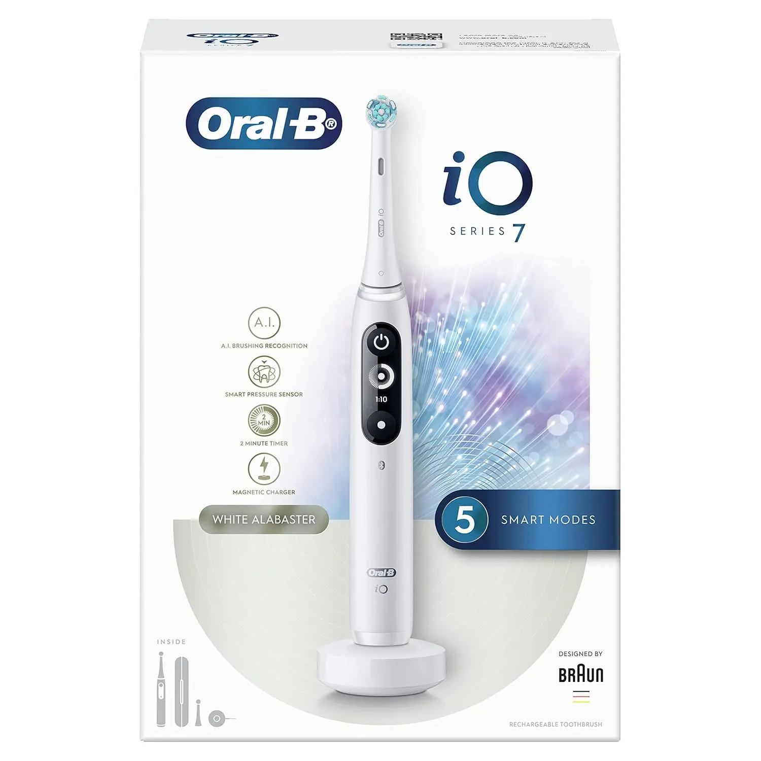 The Oral-B iO7 electric toothbrush features revolutionary magnetic technology, a black and white display with brushing mode options, and comes with a premium travel case for on-the-go oral care.