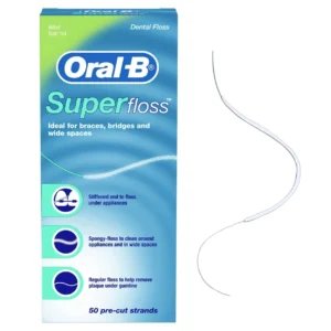 A pack of Oral-B Super Floss containing 50 pre-cut strands, designed for cleaning around braces, bridges, and wide spaces with its unique spongy and stiffened end.