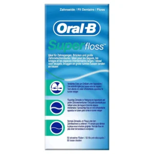 Oral-B SuperFloss pre-cut strands designed for cleaning around braces, bridges, and wide spaces, featuring a stiffened end, spongy floss, and regular floss.