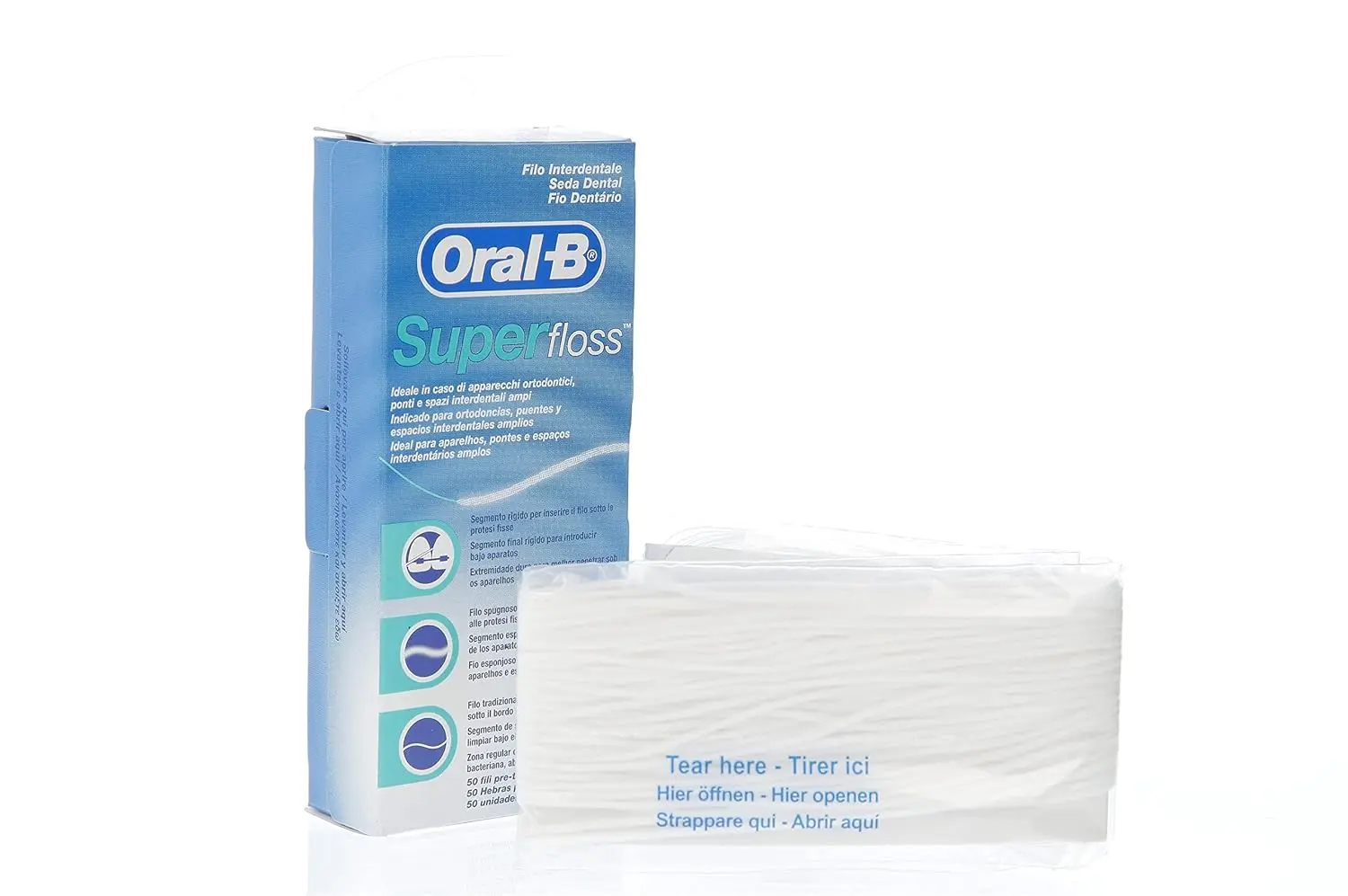 Oral-B SuperFloss pre-cut strands designed for cleaning around braces, bridges, and wide spaces, featuring a stiffened end, spongy floss, and regular floss.