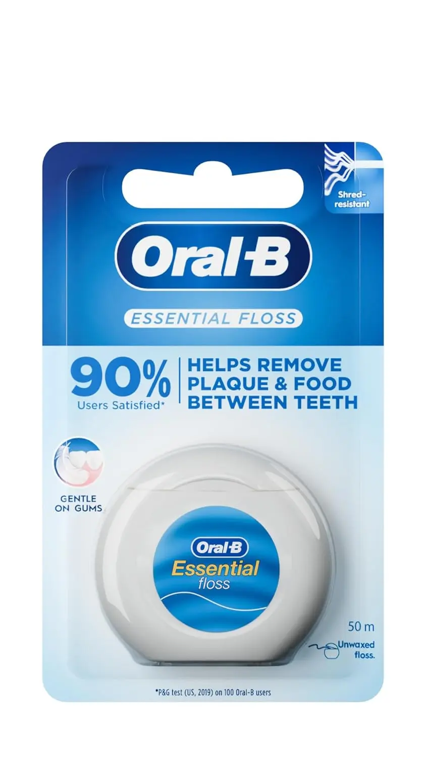 Oral-B Essential unwaxed dental floss, the number one dentist-recommended brand, gently removes plaque and food between teeth while being gentle on gums.