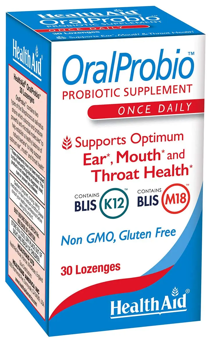 Chewable peppermint flavored oral probiotics support ear, mouth, throat and upper respiratory health while fighting bad breath with Blis K12 and M18 strains.