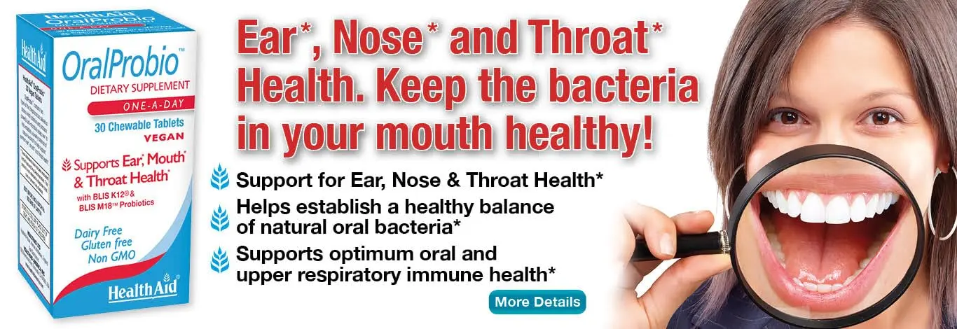 Chewable peppermint flavored oral probiotics support ear, mouth, throat and upper respiratory health while fighting bad breath with Blis K12 and M18 strains.