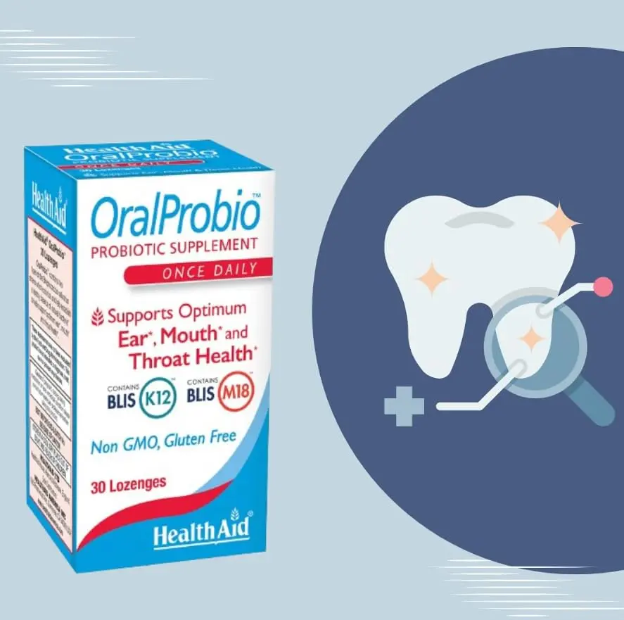 Chewable peppermint flavored oral probiotics support ear, mouth, throat and upper respiratory health while fighting bad breath with Blis K12 and M18 strains.