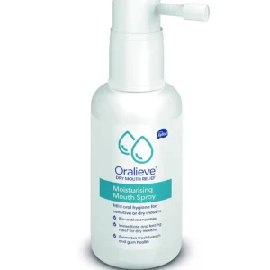 A 50ml bottle of Oralieve Dry Mouth Relief Spray with a new pump for hydrating and soothing sore, sensitive mouths.