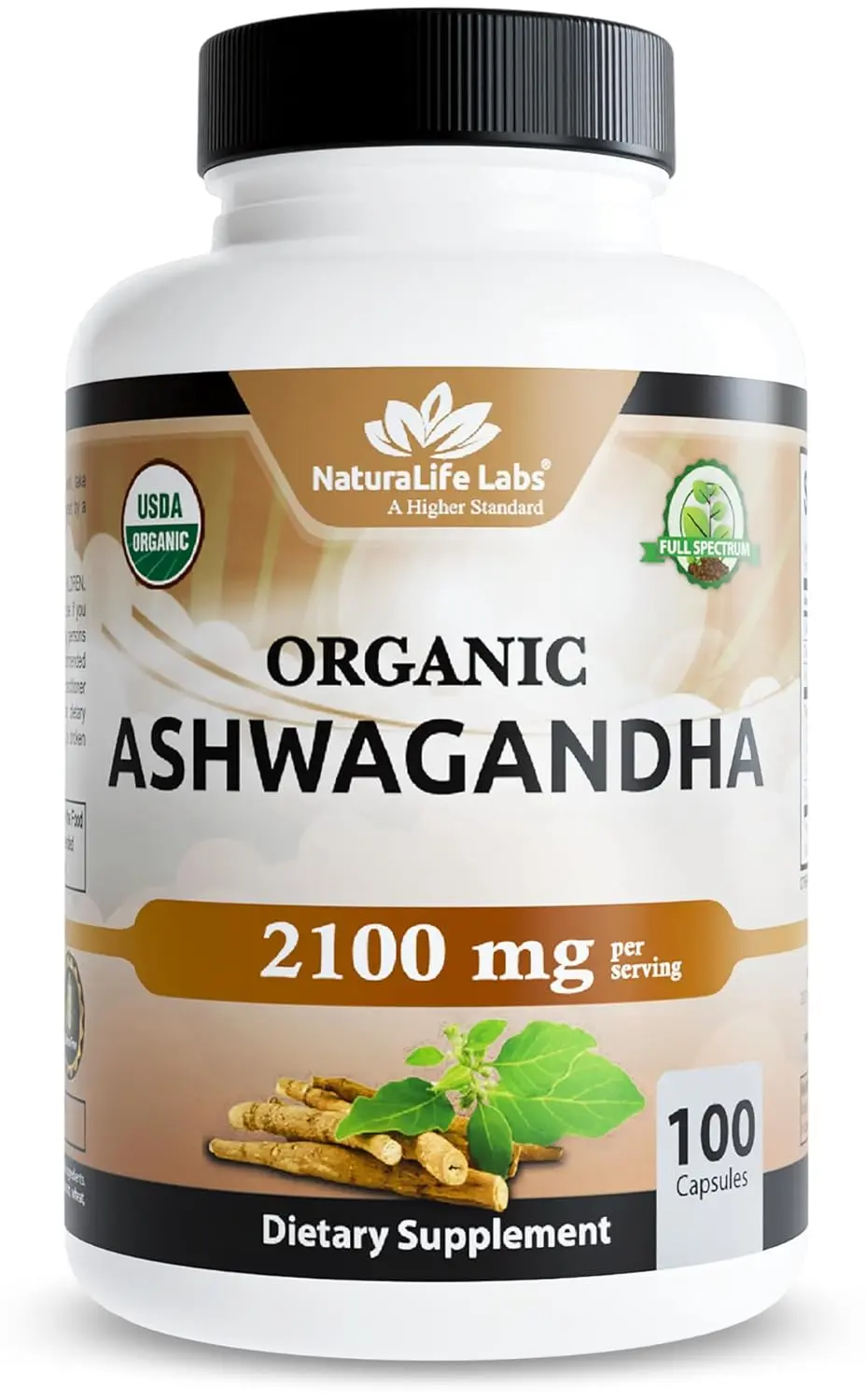 Bottle of 100 vegan capsules containing 2100mg of organic ashwagandha powder and root extract for natural anxiety relief and mood enhancement.