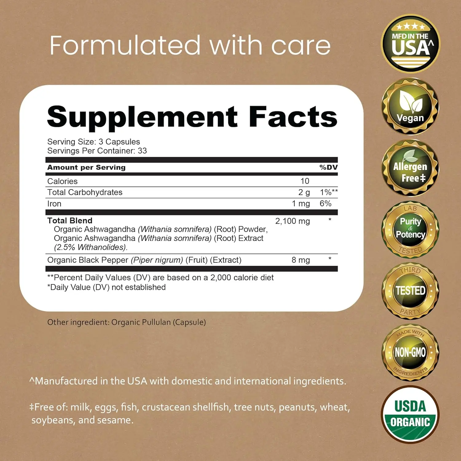 Bottle of 100 vegan capsules containing 2100mg of organic ashwagandha powder and root extract for natural anxiety relief and mood enhancement.