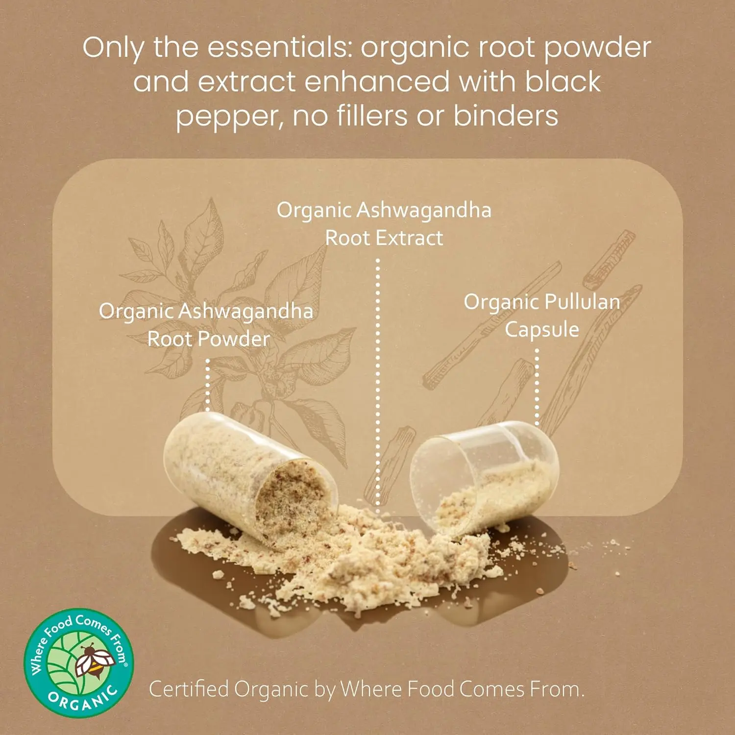 Bottle of 100 vegan capsules containing 2100mg of organic ashwagandha powder and root extract for natural anxiety relief and mood enhancement.