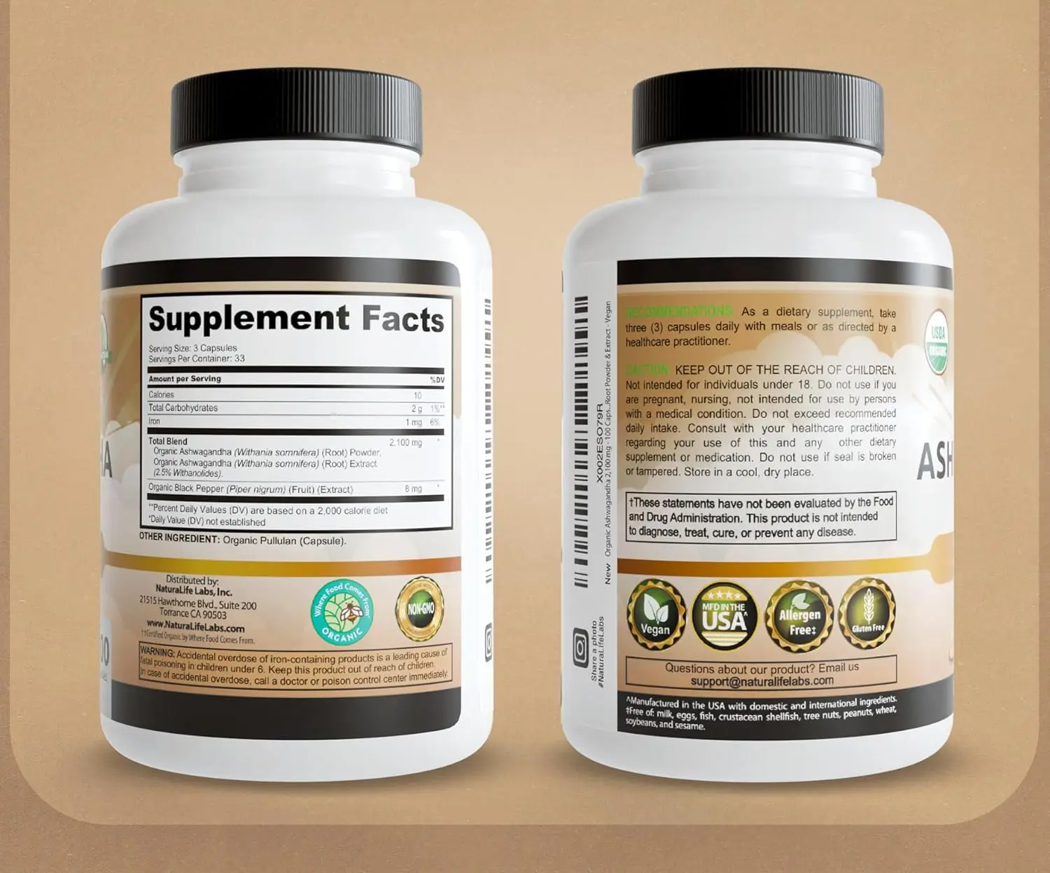 Bottle of 100 vegan capsules containing 2100mg of organic ashwagandha powder and root extract for natural anxiety relief and mood enhancement.