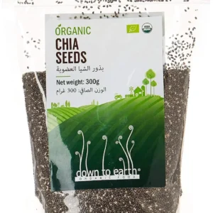 This image features a bag of Down To Earth Organic Chia Seeds, known for boosting energy, aiding weight loss, and providing antioxidants for anti-aging benefits.
