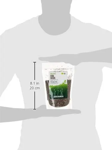 This image features a bag of Down To Earth Organic Chia Seeds, known for boosting energy, aiding weight loss, and providing antioxidants for anti-aging benefits.
