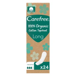 A pack of 24 long, 100% organic cotton liners that are dermatologically tested and fragrance-free, providing breathable comfort and protection for women with sensitive skin.