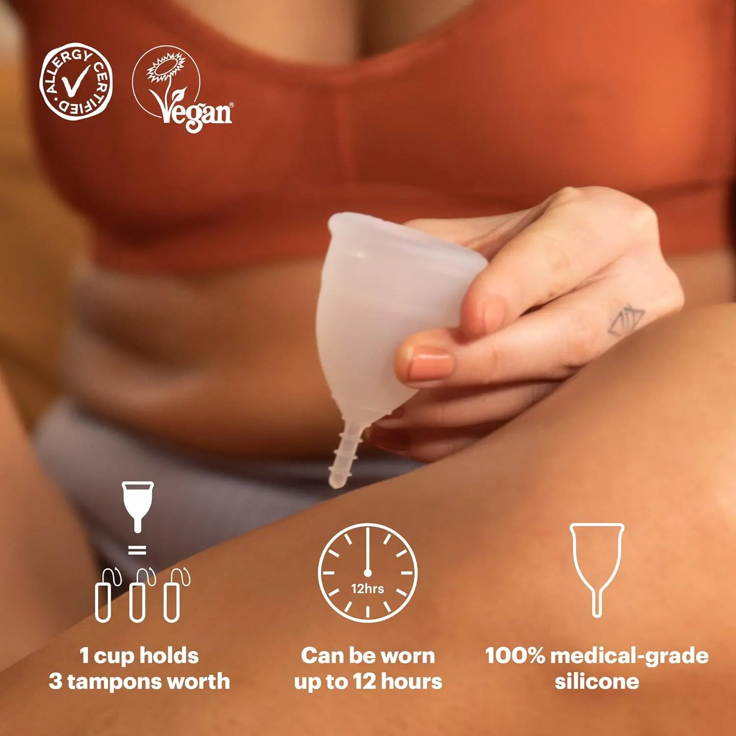 Size B OrganiCup is a reusable menstrual cup made of soft, medical-grade silicone that holds as much as 3 tampons.