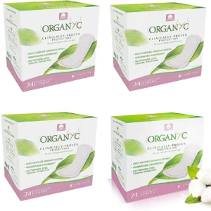 Four packs of Organyc pantiliners made from 100% certified organic cotton provide clinically proven protection for sensitive skin, are super absorbent, breathable, and environmentally friendly.