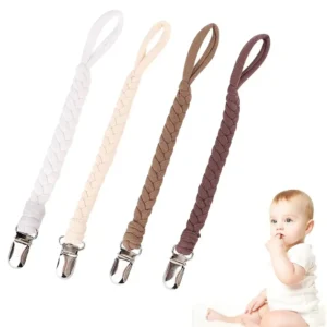 Four colorful pacifier clips securely attached to baby clothes, keeping pacifiers clean and within reach for boys and girls.