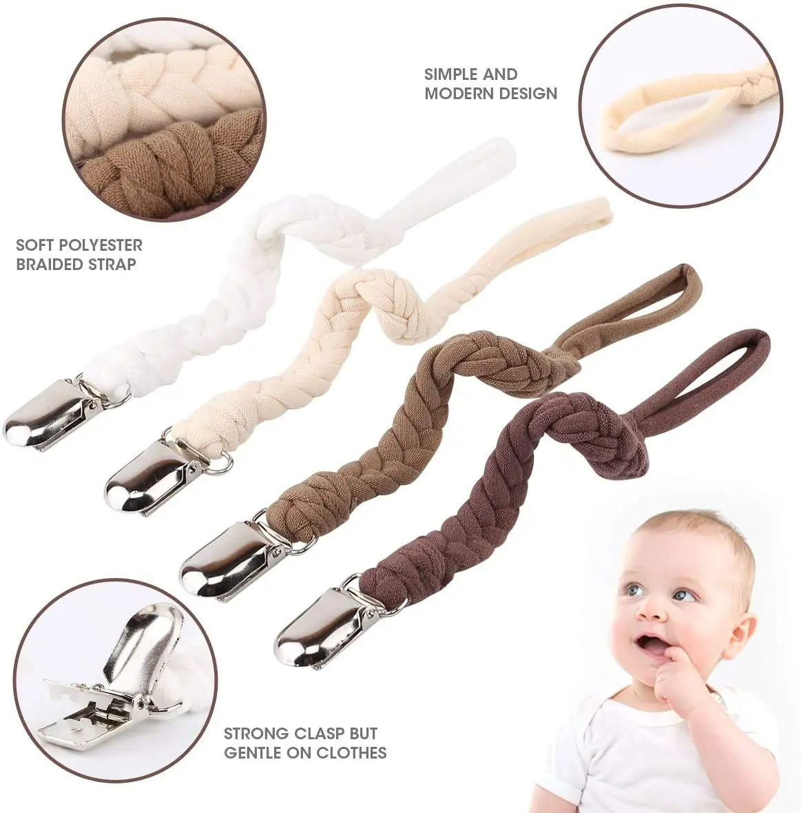 Four colorful pacifier clips securely attached to baby clothes, keeping pacifiers clean and within reach for boys and girls.