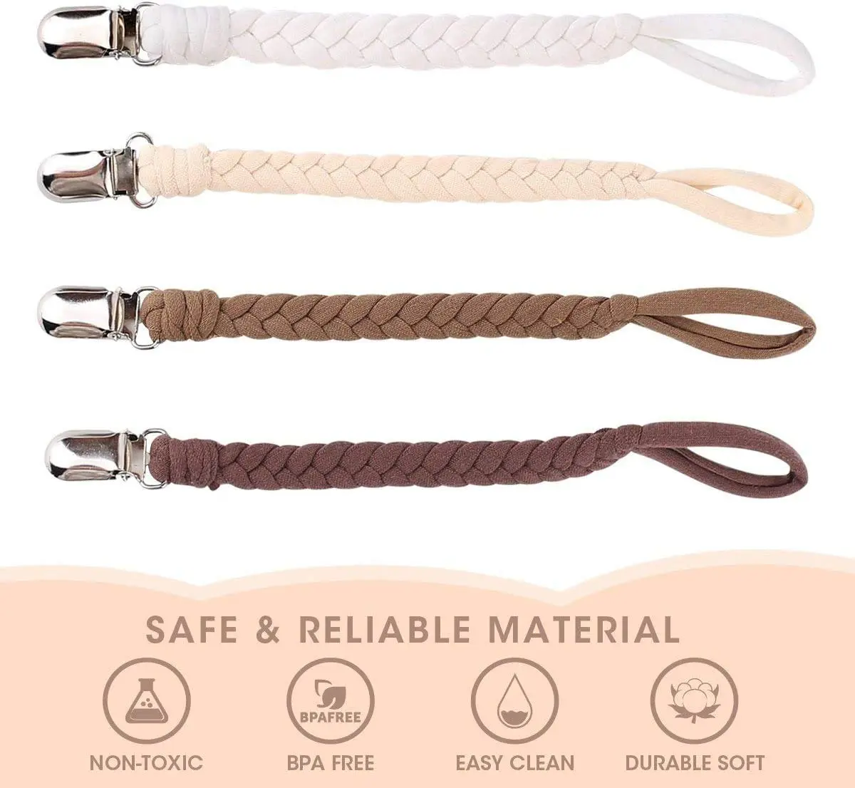 Four colorful pacifier clips securely attached to baby clothes, keeping pacifiers clean and within reach for boys and girls.