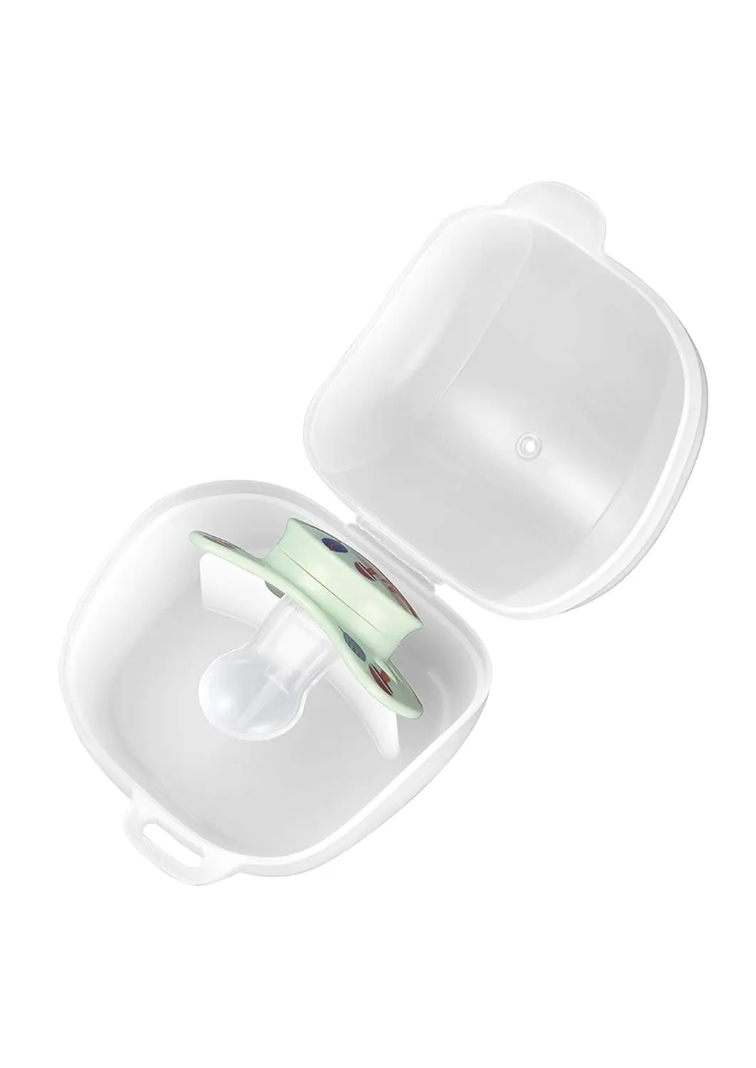 This white nip 2-in-1 pacifier sterilizer and storage box reduces germs in 60 seconds using a microwave and provides a hygienic travel case for most pacifiers.