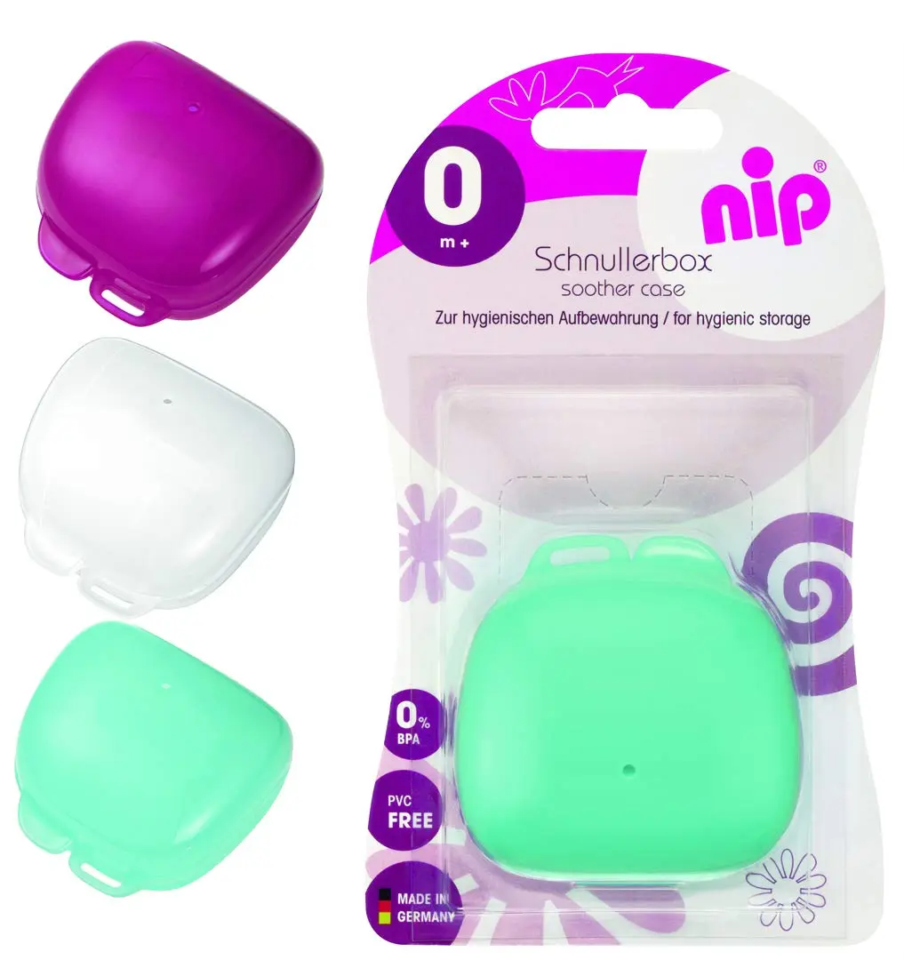 This white nip 2-in-1 pacifier sterilizer and storage box reduces germs in 60 seconds using a microwave and provides a hygienic travel case for most pacifiers.