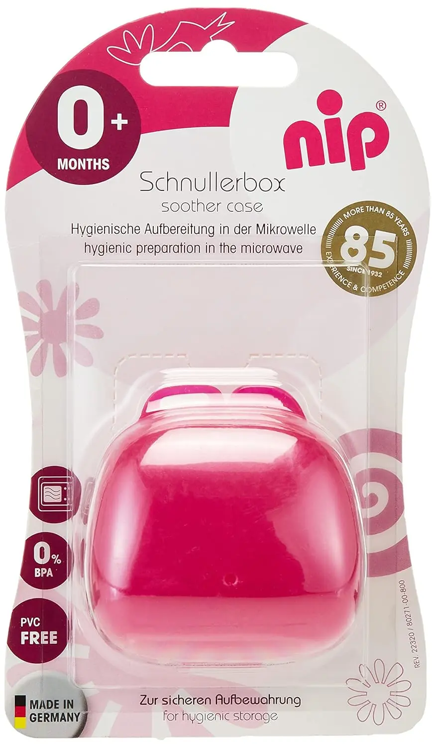 This white nip 2-in-1 pacifier sterilizer and storage box reduces germs in 60 seconds using a microwave and provides a hygienic travel case for most pacifiers.