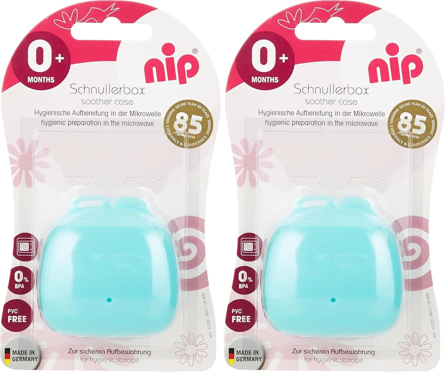This white nip 2-in-1 pacifier sterilizer and storage box reduces germs in 60 seconds using a microwave and provides a hygienic travel case for most pacifiers.