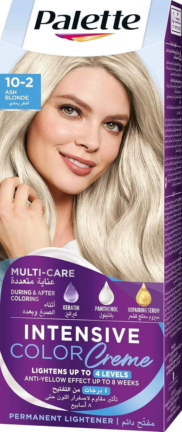 Palette Intensive Color Creme 10-2 Ultra Ash Blonde hair color for long-lasting, anti-fade results with keratin, panthenol, and nutri-oil for extra care and perfect grey coverage.