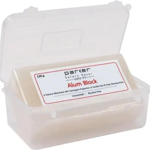 Parker Safety Razor's 125G alum block is a natural antiseptic aftershave treatment that tightens pores and treats minor cuts, packaged in a convenient travel case.