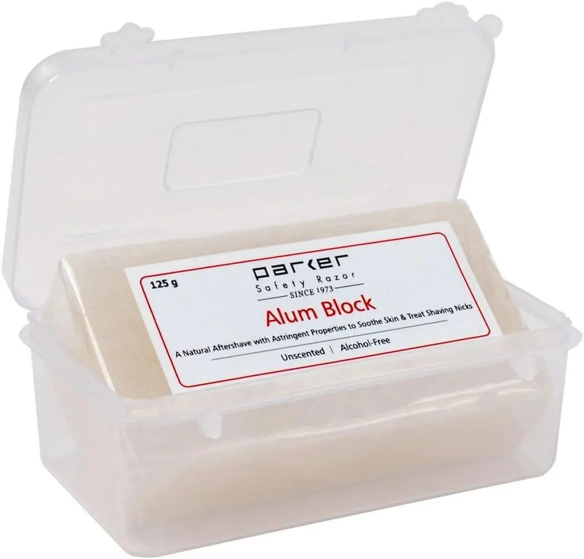 Parker Safety Razor's 125G alum block is a natural antiseptic aftershave treatment that tightens pores and treats minor cuts, packaged in a convenient travel case.