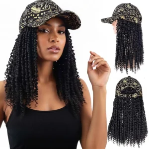 Twelve-inch passion twist wig with a stylish gold graffiti baseball cap for breathable and comfortable wear.