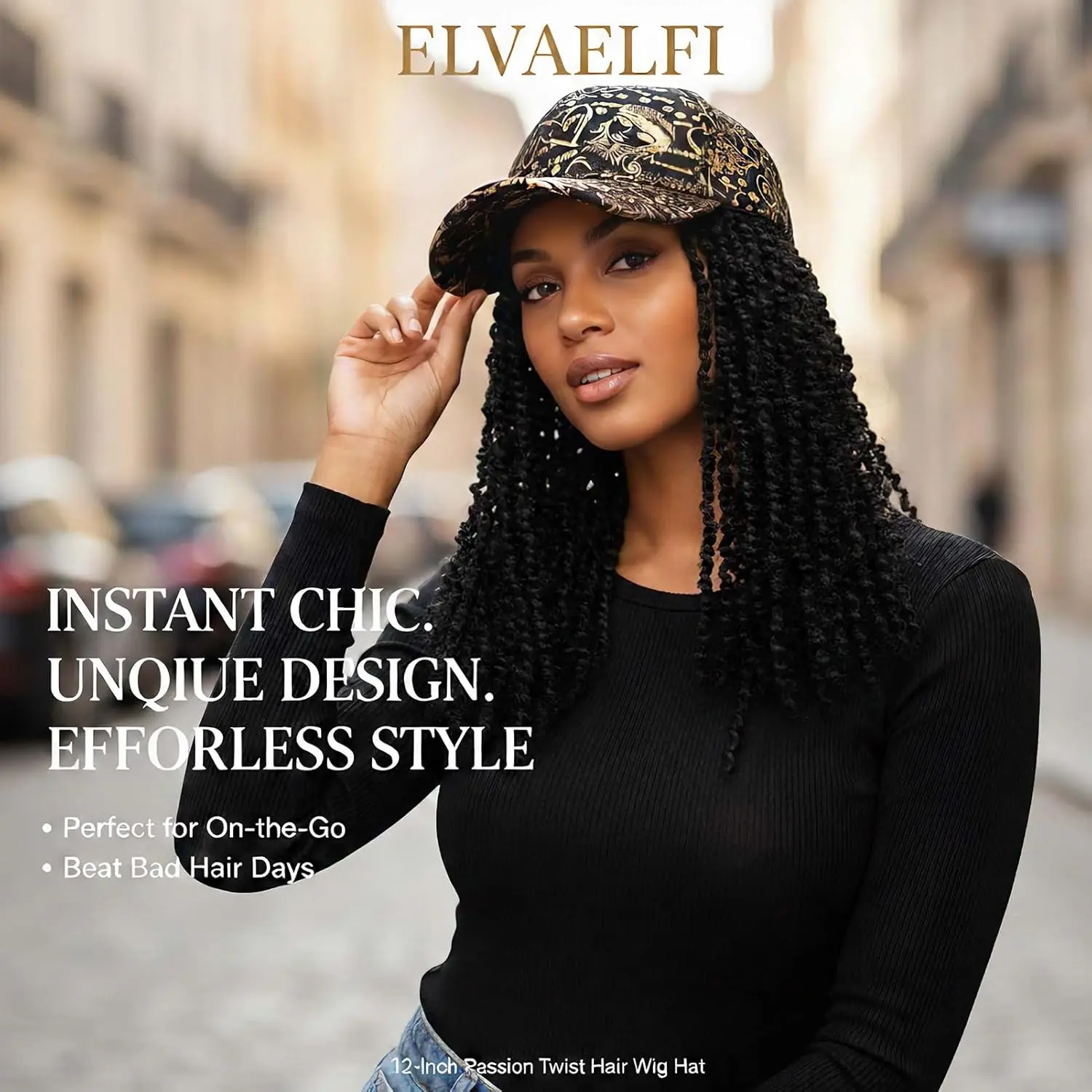 Twelve-inch passion twist wig with a stylish gold graffiti baseball cap for breathable and comfortable wear.