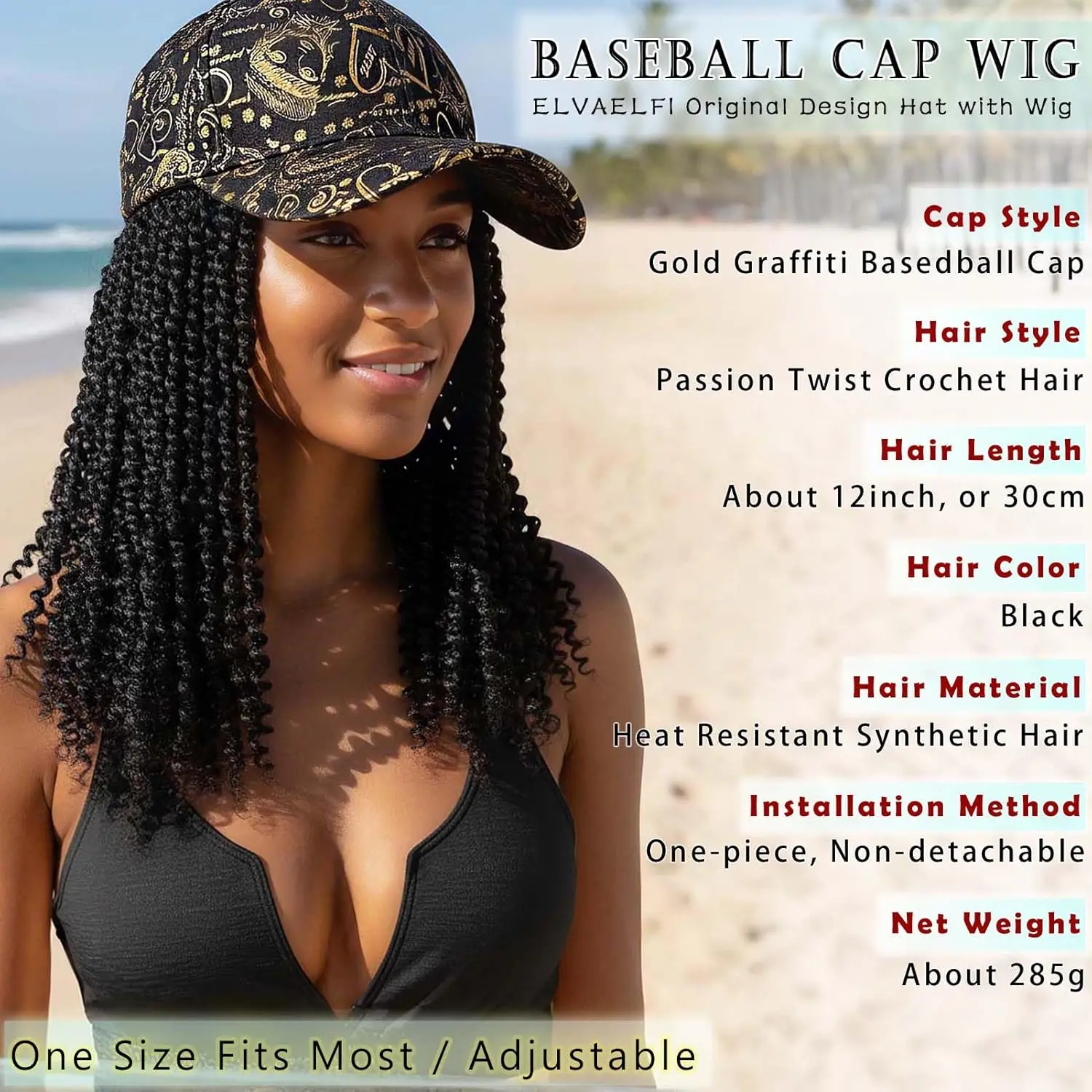 Twelve-inch passion twist wig with a stylish gold graffiti baseball cap for breathable and comfortable wear.