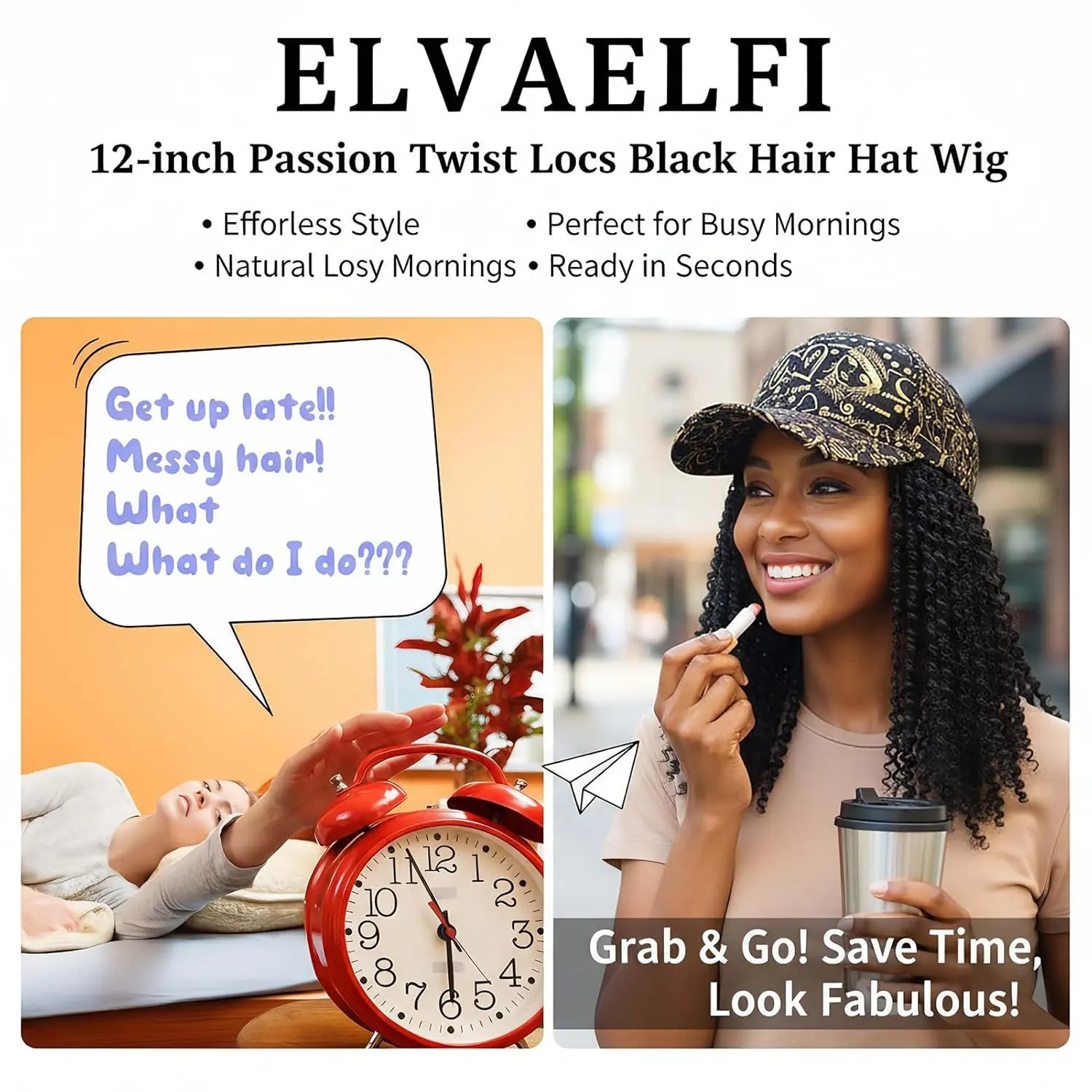 Twelve-inch passion twist wig with a stylish gold graffiti baseball cap for breathable and comfortable wear.