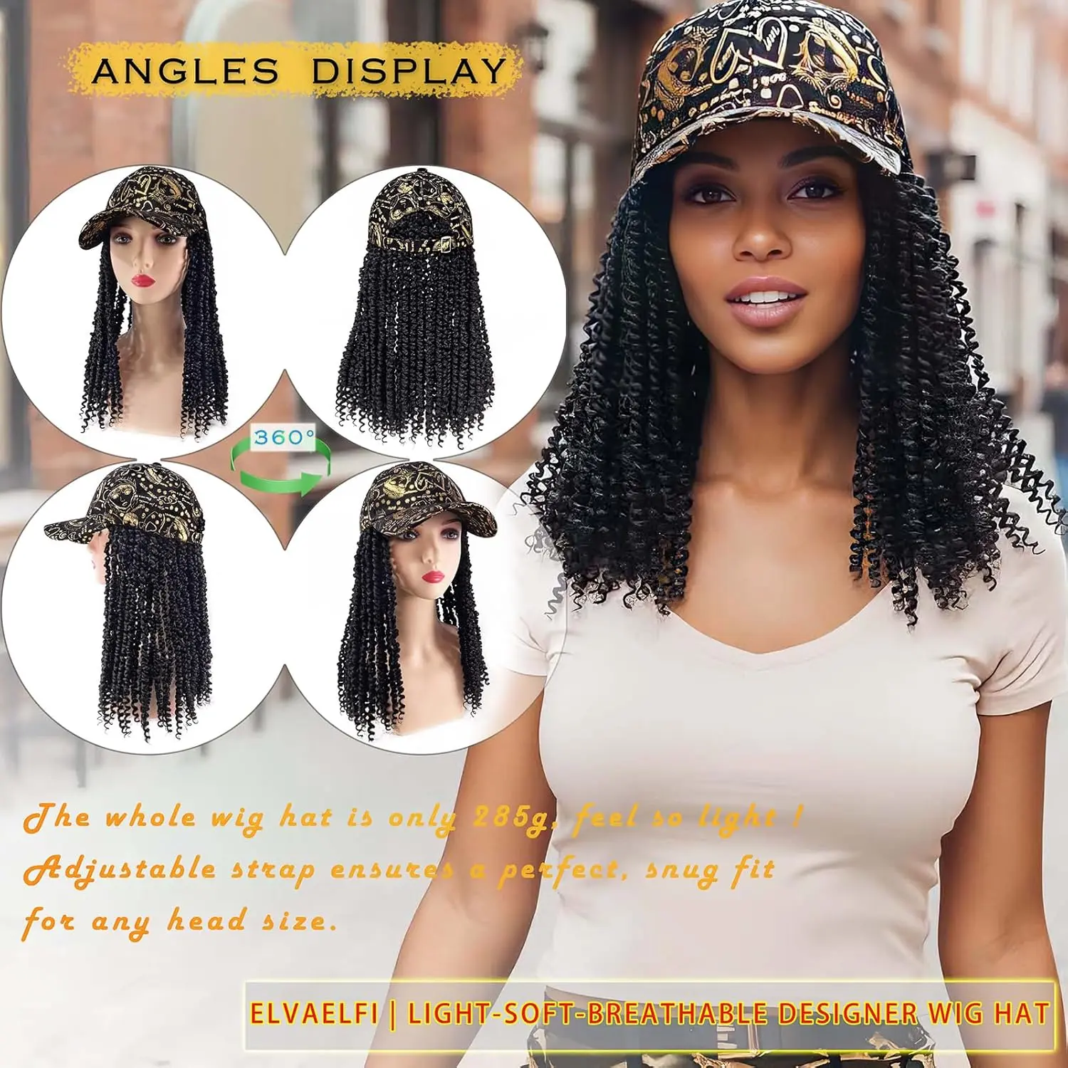 Twelve-inch passion twist wig with a stylish gold graffiti baseball cap for breathable and comfortable wear.