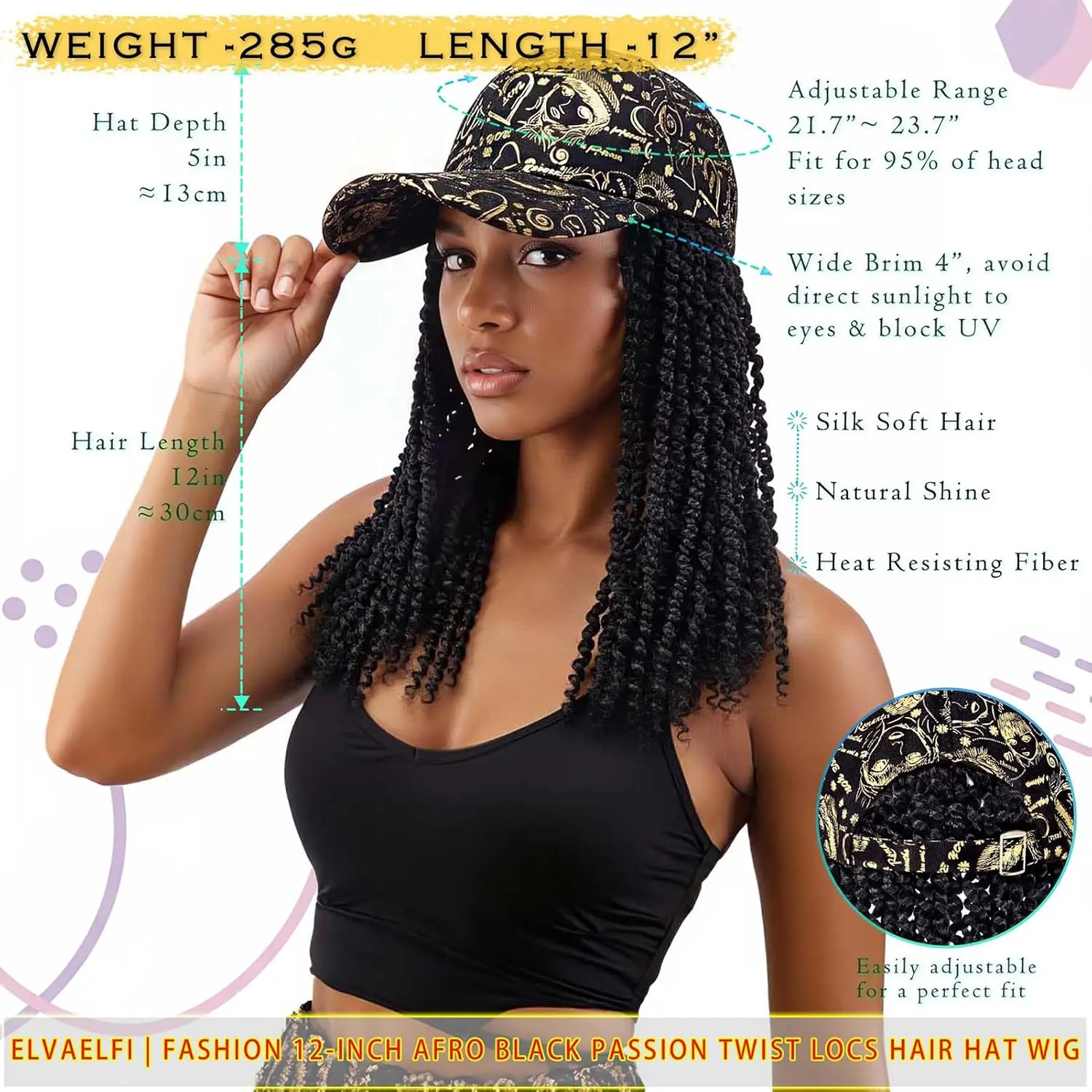 Twelve-inch passion twist wig with a stylish gold graffiti baseball cap for breathable and comfortable wear.