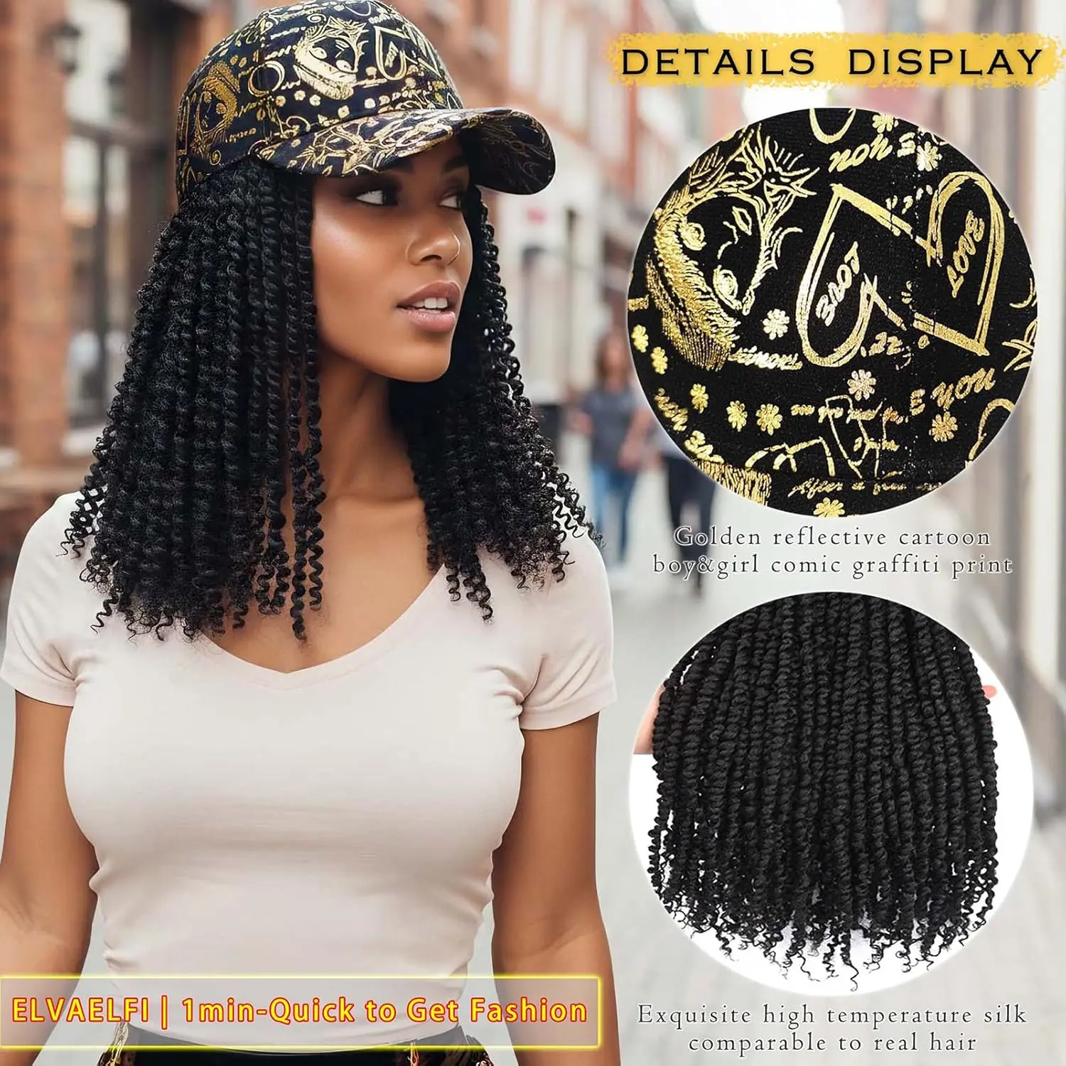 Twelve-inch passion twist wig with a stylish gold graffiti baseball cap for breathable and comfortable wear.