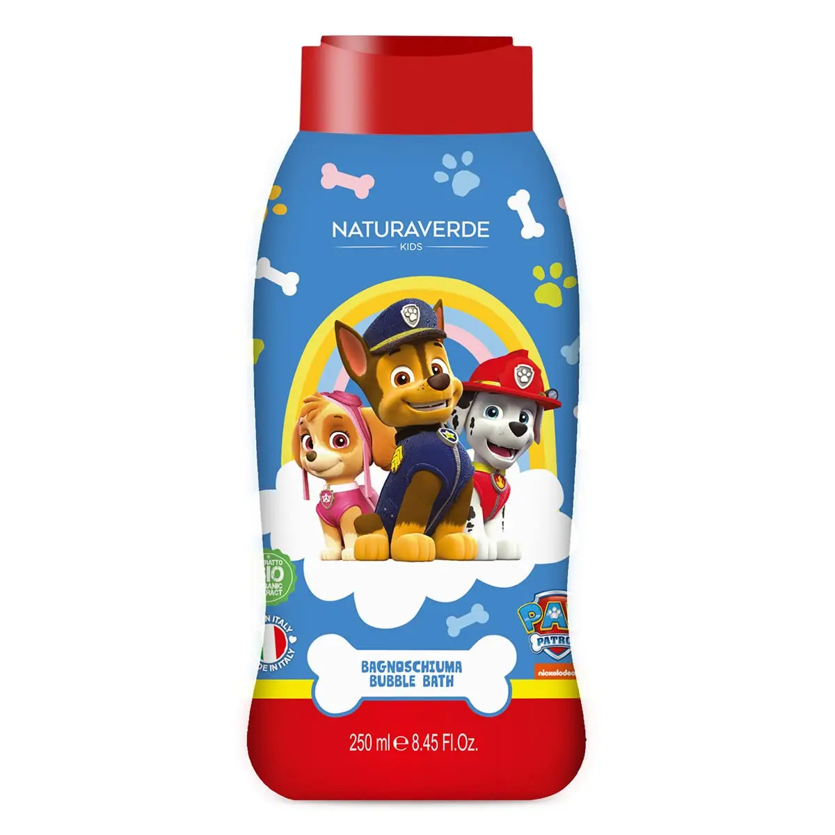 Naturaverde Paw Patrol bubble bath with organic oat extract gently cleanses and softens skin, maintaining its natural pH.